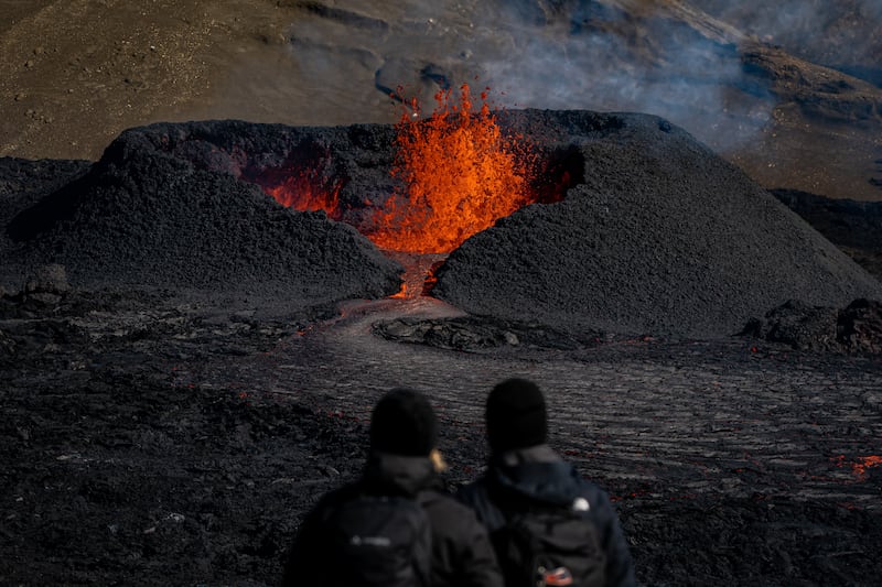 Lava flows from the volcano in Fagradalsfjall, Iceland, following an eruption from a new fissure on the Reykjanes Peninsula in August 2022.