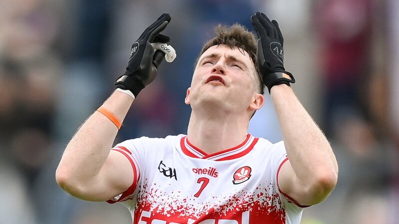 Gareth McKinless of Derry reacts to being shown a red card by referee Brendan Cawley during the GAA Football All-Ireland Senior Championship Round 1 match between Galway and Derry at Pearse Stadium in Galway. Photo by Stephen McCarthy/Sportsfile