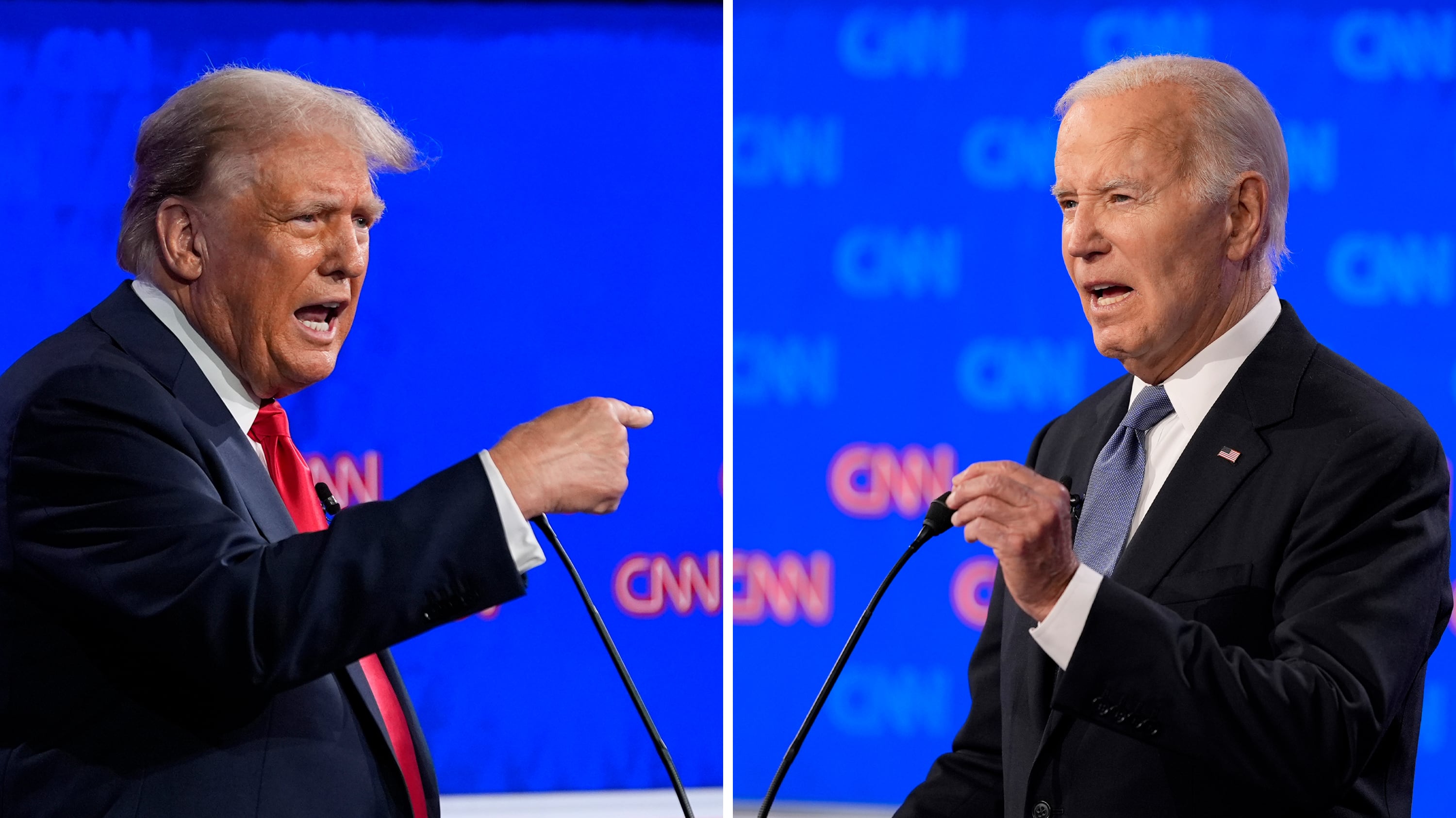 This combination of photos shows Republican presidential candidate former president Donald Trump, left, and President Joe Biden during a presidential debate hosted by CNN, Thursday, June 27, 2024, in Atlanta (Gerald Herbert/AP)