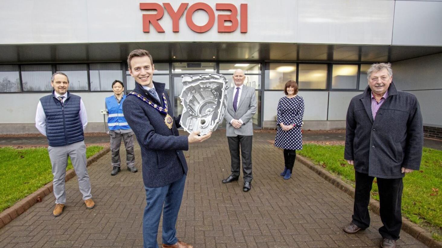 Pictured at the Ryobi Aluminium Casting announcement are (from left) are Marco Emig (deputy managing director), Kaz Yokosawa (plant manager), Mid and East Antrim Borough Council mayor Peter Johnston, David Watson (managing director), Gwyneth Evans (HR manager) and the area&#39;s MP Sammy Wilson 