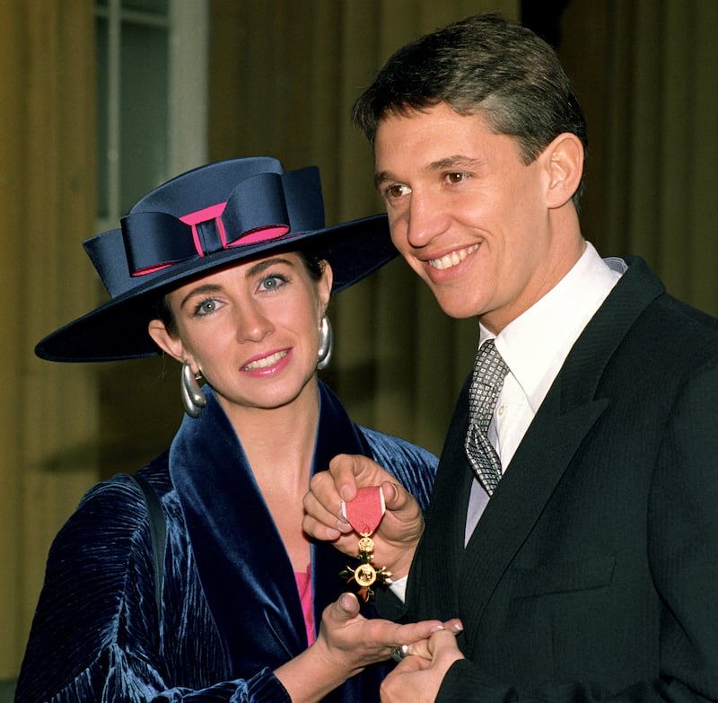 Gary Lineker with his wife Michelle after receiving an OBE from the Queen at Buckingham Palace in 1992