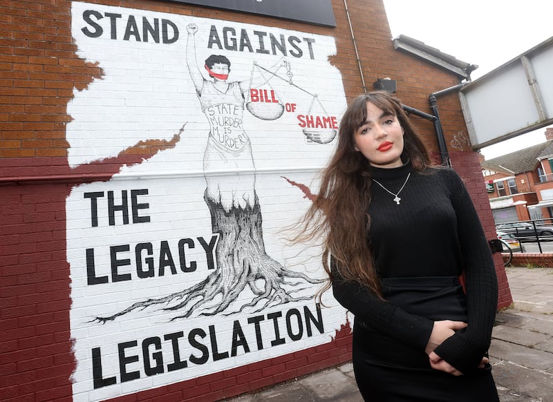  Visual artist Ilianna Edwards who painted  a mural againt the Legacy Bill at the Relatives for Justice office on the Glen Road in west Belfast. Picture by Mal McCann