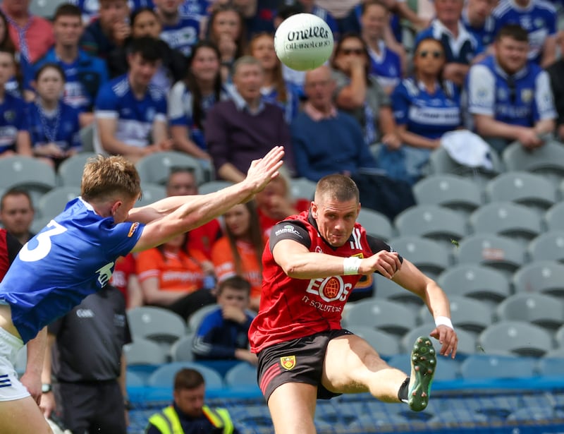 Down’s Pat Havern scores a point  during Saturday’s Tailteann Final at Croke Park in Dublin.
PICTURE COLM LENAGHAN