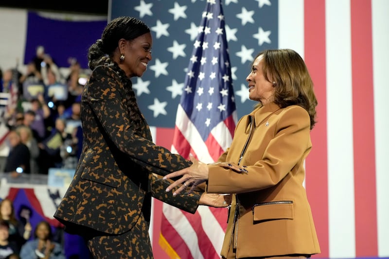 Former first lady Michelle Obama joined Kamala Harris on stage on Saturday (Jacquelyn Martin/AP)