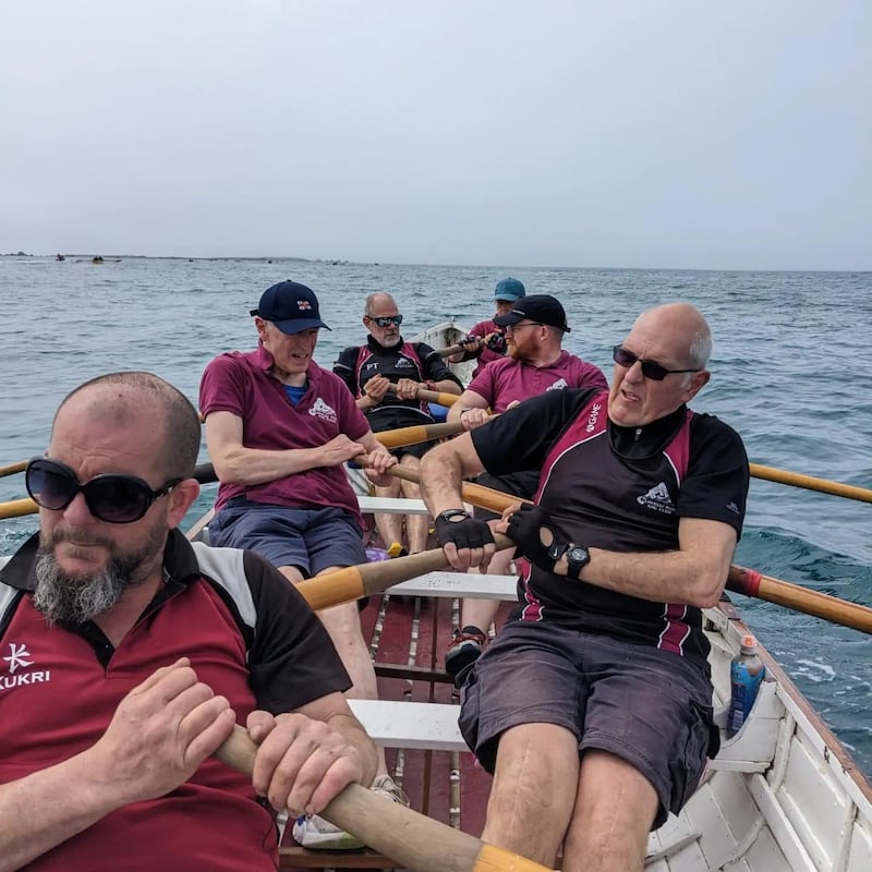 Dale Hancock (R) during a practice row with his gig pilot club off the coast of Clovelly