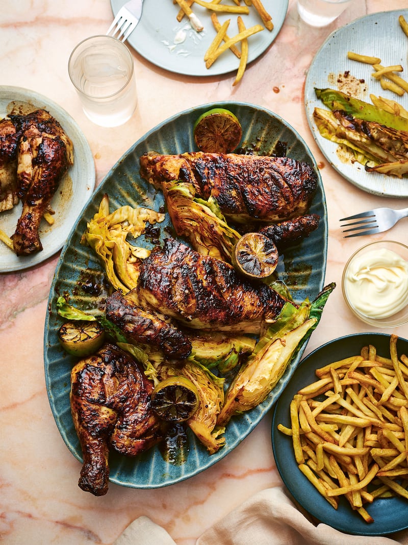 Brick roast chicken and braised chipotle cabbage from John & Lisa's Kitchen