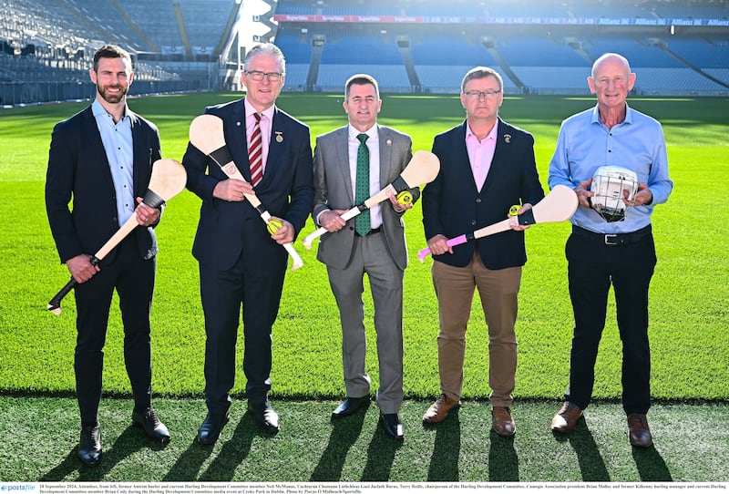 Former Antrim star and current Hurling Development Committee member Neil McManus, GAA president Jarlath Burns, Terry Reilly, chairperson of the Hurling Development Committee, Camogie Association president Brian Molloy and former Kilkenny manager - and current Hurling Development Committee member - Brian Cody during the Hurling Development Committee media briefing at Croke Park on Wednesday. Photo by Piaras Ó Mídheach/Sportsfile