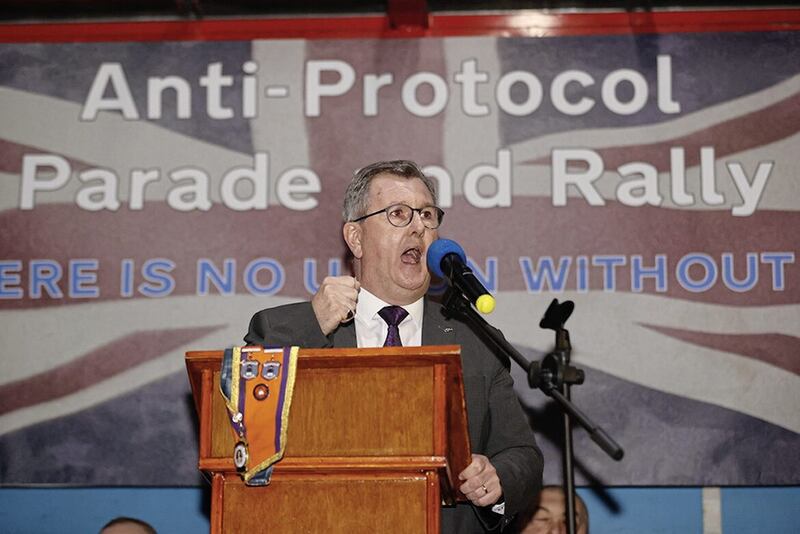 Sir Jeffrey Donaldson speaks during an anti-Northern Ireland Protocol rally in Ballymoney last year 
