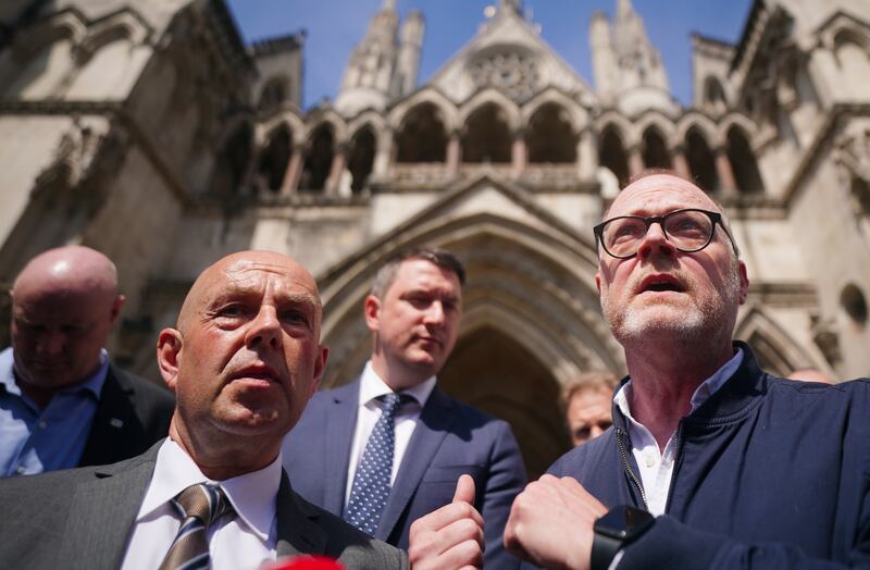 Journalists Barry McCaffrey (left) and Trevor Birney (right) speaking to media after leaving the Royal Courts of Justice, in London, following an Investigatory Powers Tribunal (IPT) hearing over claims they were secretly monitored by police