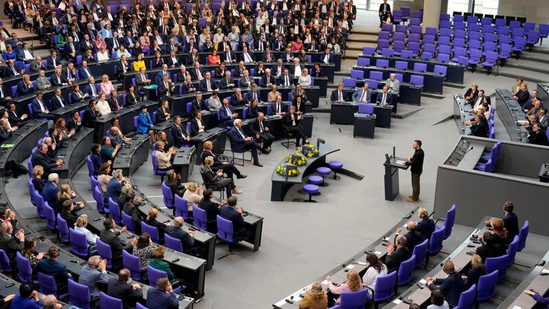 Ukraine’s President Volodymyr Zelensky delivers a speech at the German parliament Bundestag at the Reichstag Building in Berlin (Markus Schreiber/AP)