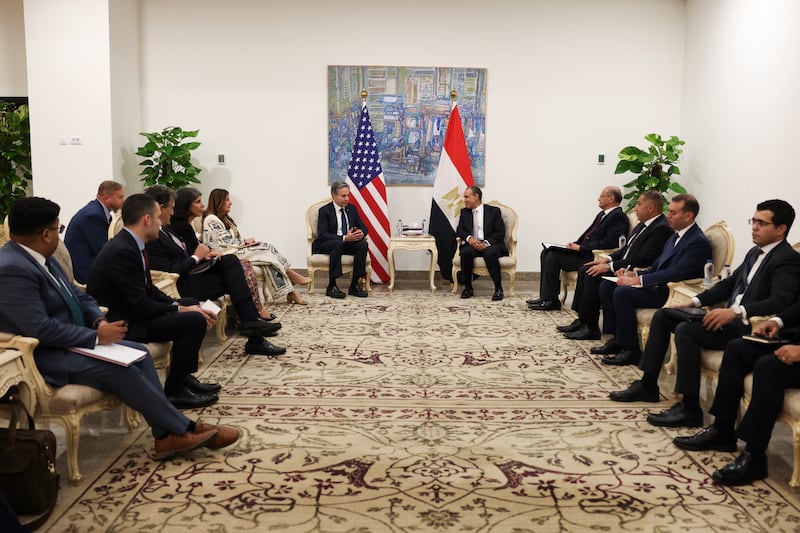 Antony Blinken, centre left, meets with Egypt’s foreign minister Badr Abdelatty, centre right, in El-Alamein, Egypt (Kevin Mohatt/Pool Photo via AP)