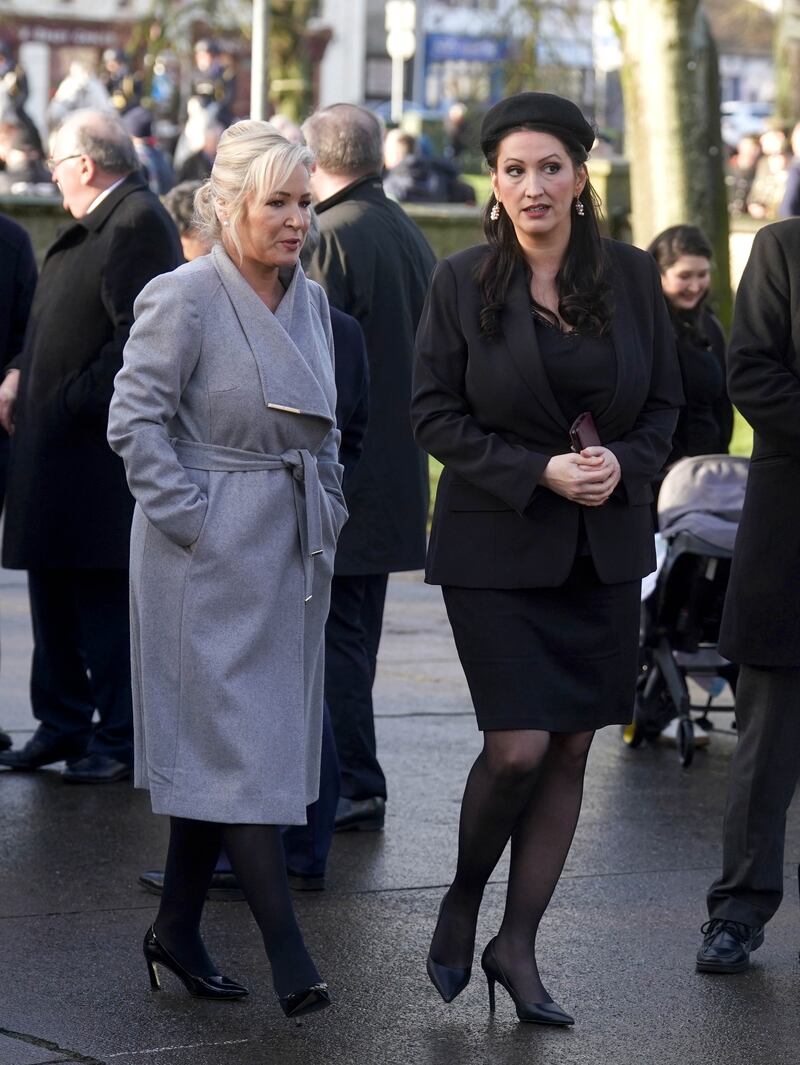 First Minister of Northern Ireland Michelle O’Neill with Emma Little-Pengelly, as they arrived for the state funeral of John Bruton on Saturday