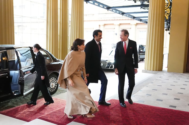 The Emir of Qatar Sheikh Tamim bin Hamad Al Thani and his wife Sheikha Jawaher arrive at Buckingham Palace to formally bid farewell to the King and Queen