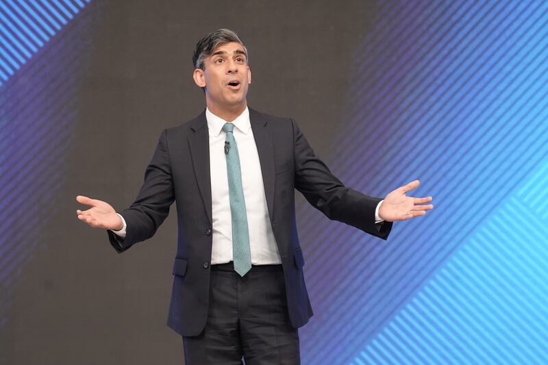 Prime Minister Rishi Sunak addresses the audience during a Sky News election event with Sky’s political editor Beth Rigby in Grimsby