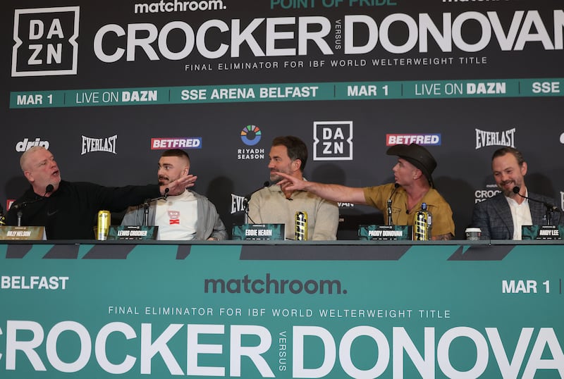 Lewis Crocker's trainer, Billy Nelson, argues with Paddy Donovan during the Launch Press Conference for their all-Irish Welterweight clash in March.
Picture: Mark Robinson Matchroom Boxing.