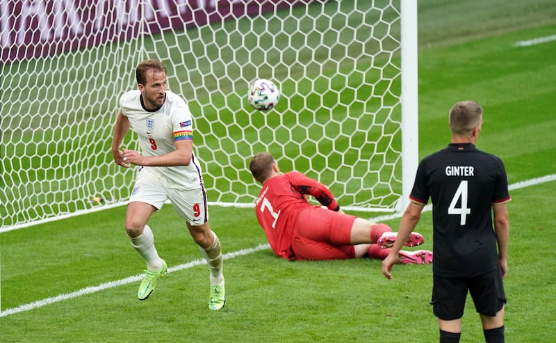 Harry Kane celebrates scoring England’s second goal in the Euro 2020 last-16 win against Germany