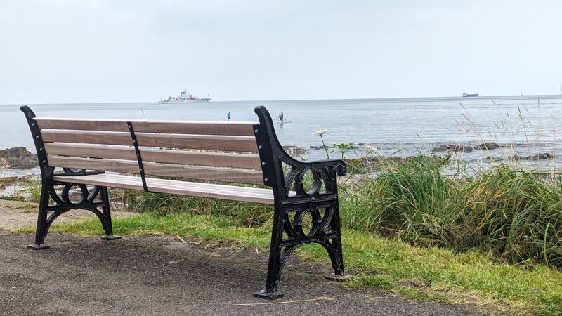 A memorial bench for Simon Robinson in Bangor, Co Down.