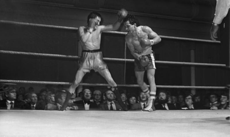 Barry McGuigan (left) and Jean Marc Renard (France) battle it out in the Ulster Hall, Belfast in 1983&nbsp;