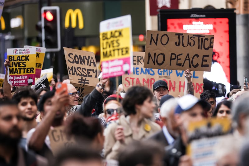 A Stand Up To Racism demonstration in Manchester after a police officer was suspended after a video which appeared to show a man being kicked as he lay on the floor