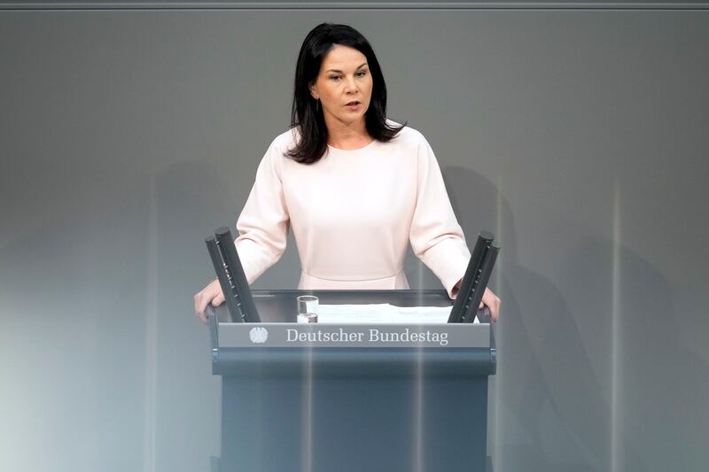 German foreign minister Annalena Baerbock speaks during a session of the German parliament in Berlin (Ebrahim Noroozi/AP)