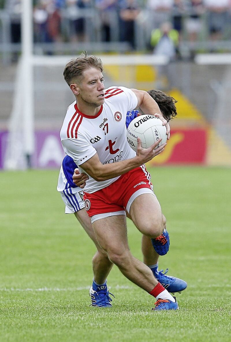 Tyrone&#39;s Mark Bradley on the attack as the Red Hands dethrone then Ulster champions Cavan at O&#39;Neills Healy Park. Pic Philip Walsh. 