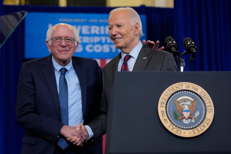 US President Joe Biden and Senator Bernie Sanders campaigning in October in New Hampshire (Manuel Balce Ceneta/AP)