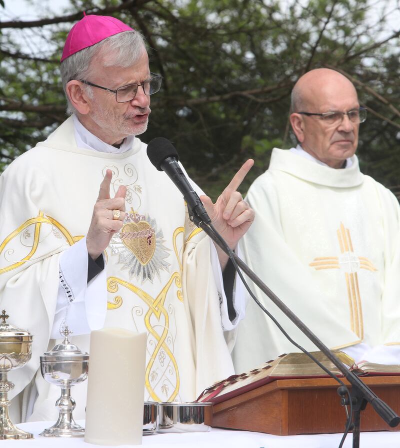 Bishop of Down and Connor Alan McGuckian SJ and Fr Robert McMahon, PP of Saul and Ballee, celebrating outdoor Mass on St Patrick’s Mountain, Saul, Co Down, where the world's largest statue of St Patrick stands. More than 300 people made the pilgrimage on Sunday