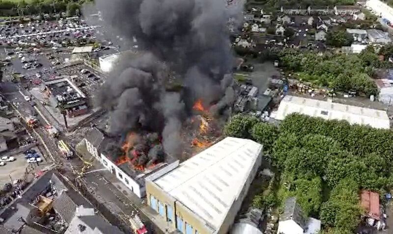 Drone footage of the fire at premises on Strabane&#39;s Railway Street on Sunday. Image by Ciaran Gallagher 