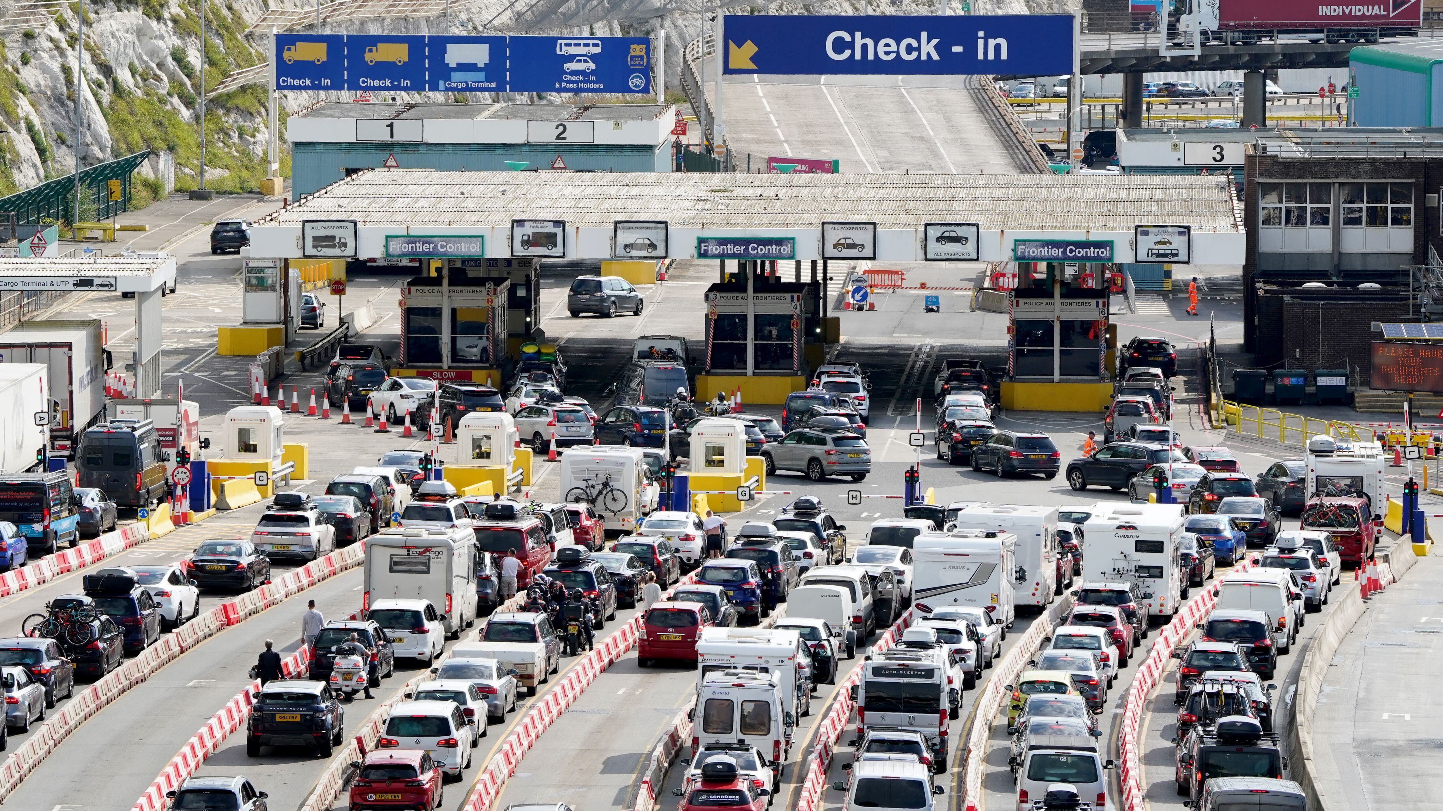 Cars queue at the Port of Dover in Kent ahead of the busy summer travel period (Gareth Fuller/PA)