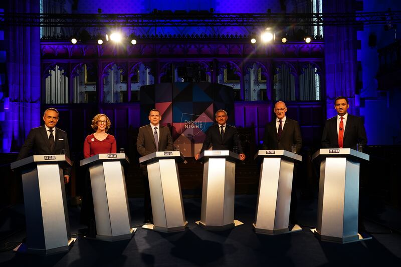 The leaders of the five parties represent at Holyrood all took part in the debate, which featured Scottish Liberal Democrat leader Alex Cole-Hamilton (left), Scottish Green Party co-leader Lorna Slater (second left) Scottish Conservative leader Douglas Ross (third from left), SNP leader John Swinney (second right) and Scottish Labour leader Anas Sarwar (right) with Debate Night host Stephen Jardine (third from right) moderating the live TV clash.