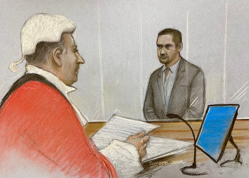 A court sketch of Tommy Robinson at Woolwich Crown Court