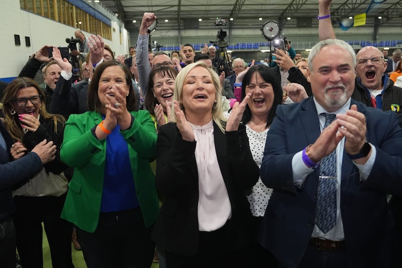 Sinn Fein’s Mary Lou McDonald and Michelle O’Neill celebrate the election of Pat Cullen in Fermanagh South Tyrone at Meadowbank Sports Arena, Magherafelt