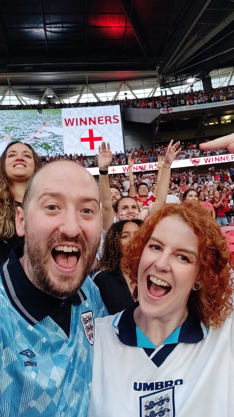 Gus Hully and his wife, Kimberley Robertson, celebrating the Lionesses’ Euro win in 2022