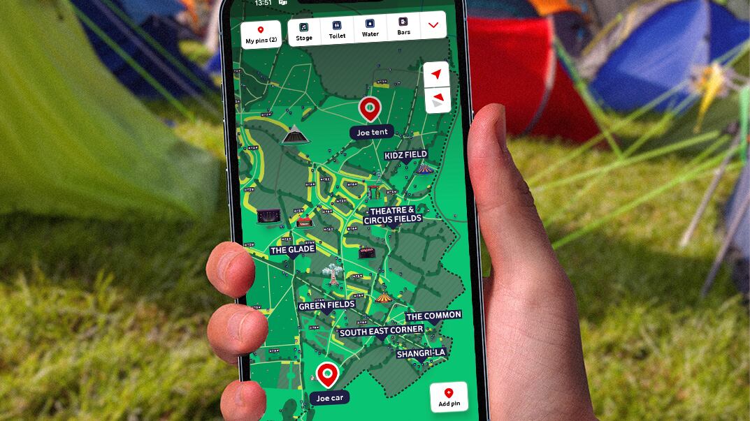 A mock-up of a festival-goer’s Glastonbury App featuring the map pinning option
