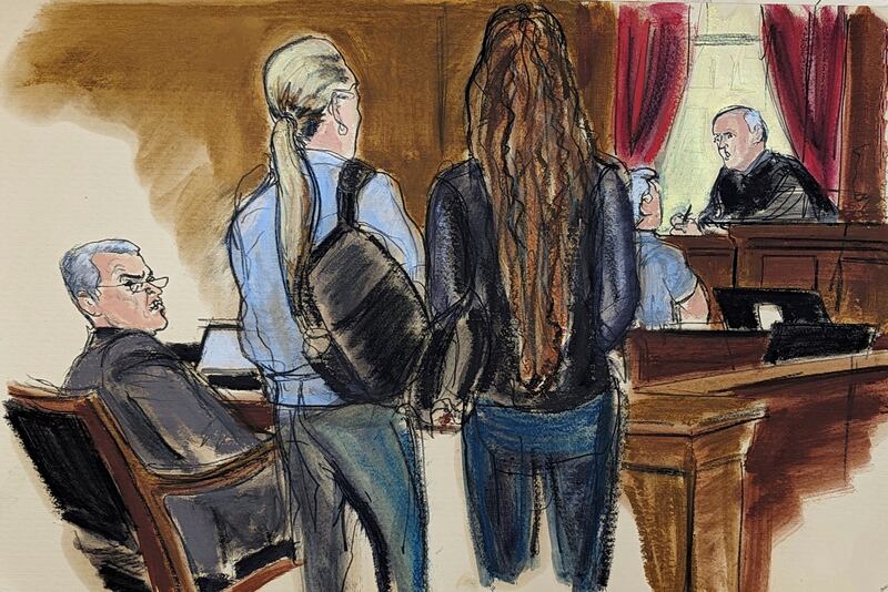 In this courtroom sketch, former Honduran president Juan Orlando Hernandez, seated left at the defence table, looks at prospective jurors who are waiting to speak with Judge P Kevin Castel (Elizabeth Williams via AP)