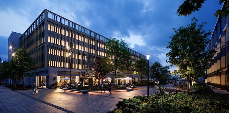 A CGI depicting the design of the new multi-storey car park and public plaza in the centre of the £100m King's Hall health and life science hub in south Belfast.