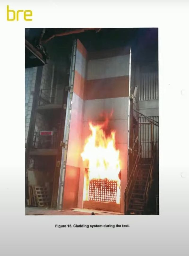 Screen grab from the Grenfell Inquiry showing a cladding fire test rig carried out in May 2014 at the Building Research Establishment by insulation maker Celotex