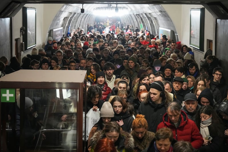 People take shelter in a metro station during an air raid alarm in Kyiv (Efrem Lukatsky/AP)