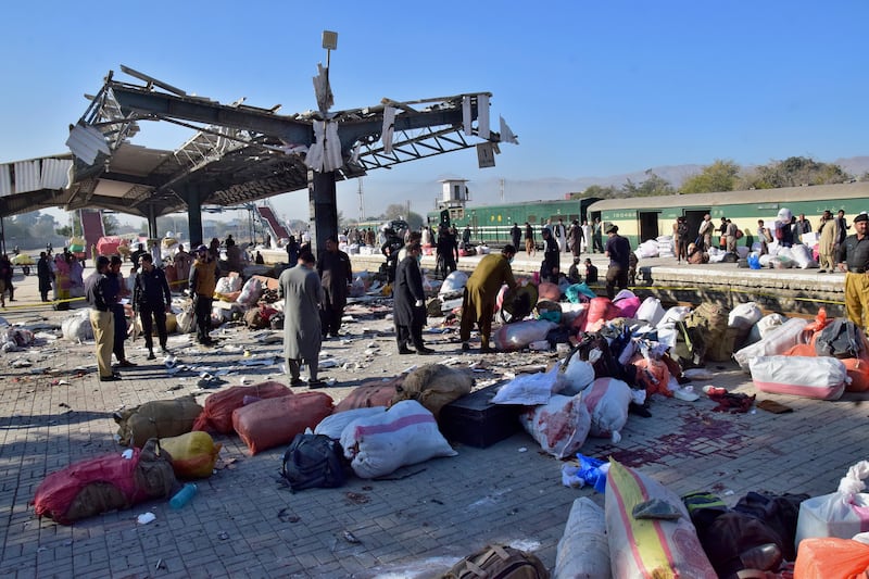 The site of a bomb explosion at a railway station in Quetta, south western Pakistan (Arshad Butt/AP)