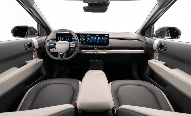 The EV3’s interior features an ultra-wide screeen
