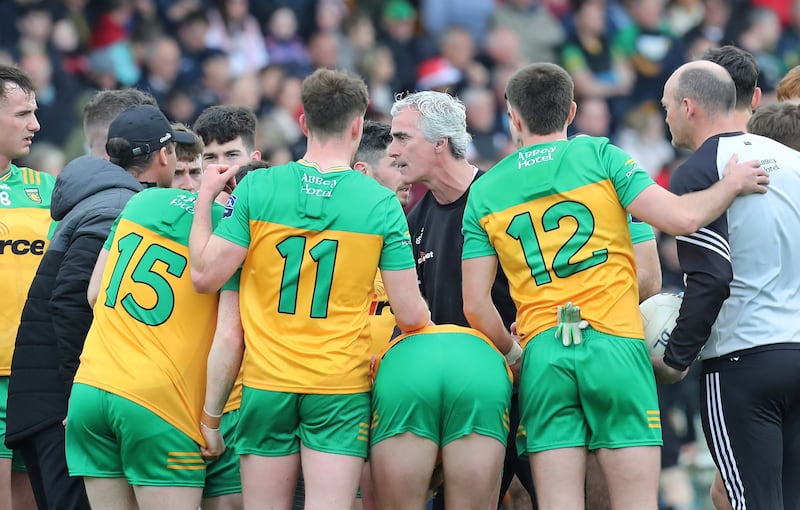 Jim McGuinness talks to the Donegal players during their All-Ireland SFC clash with Tyrone at Ballybofey
Picture: Margaret McLaughlin