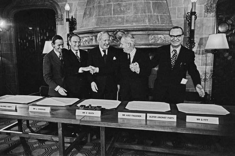 (left to right) Alliance leader Oliver Napier, Taoiseach Liam Cosgrave, British Prime Minister Edward Heath, Ulster Unionist leader Brian Faulkner and SDLP leader Gerry Fitt at the signing of the Sunningdale Agreement in Berkshire in December 1973