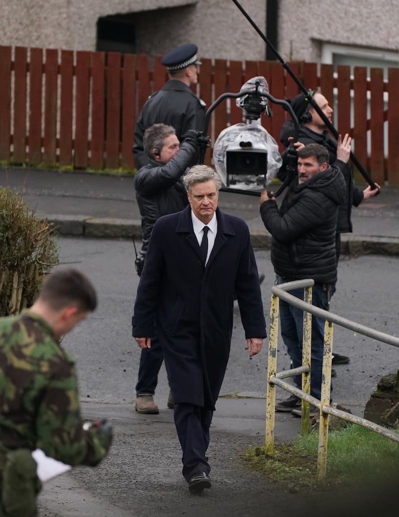 Colin Firth on set in Bathgate, Lothian during filming for a Sky series about the Lockerbie bombing