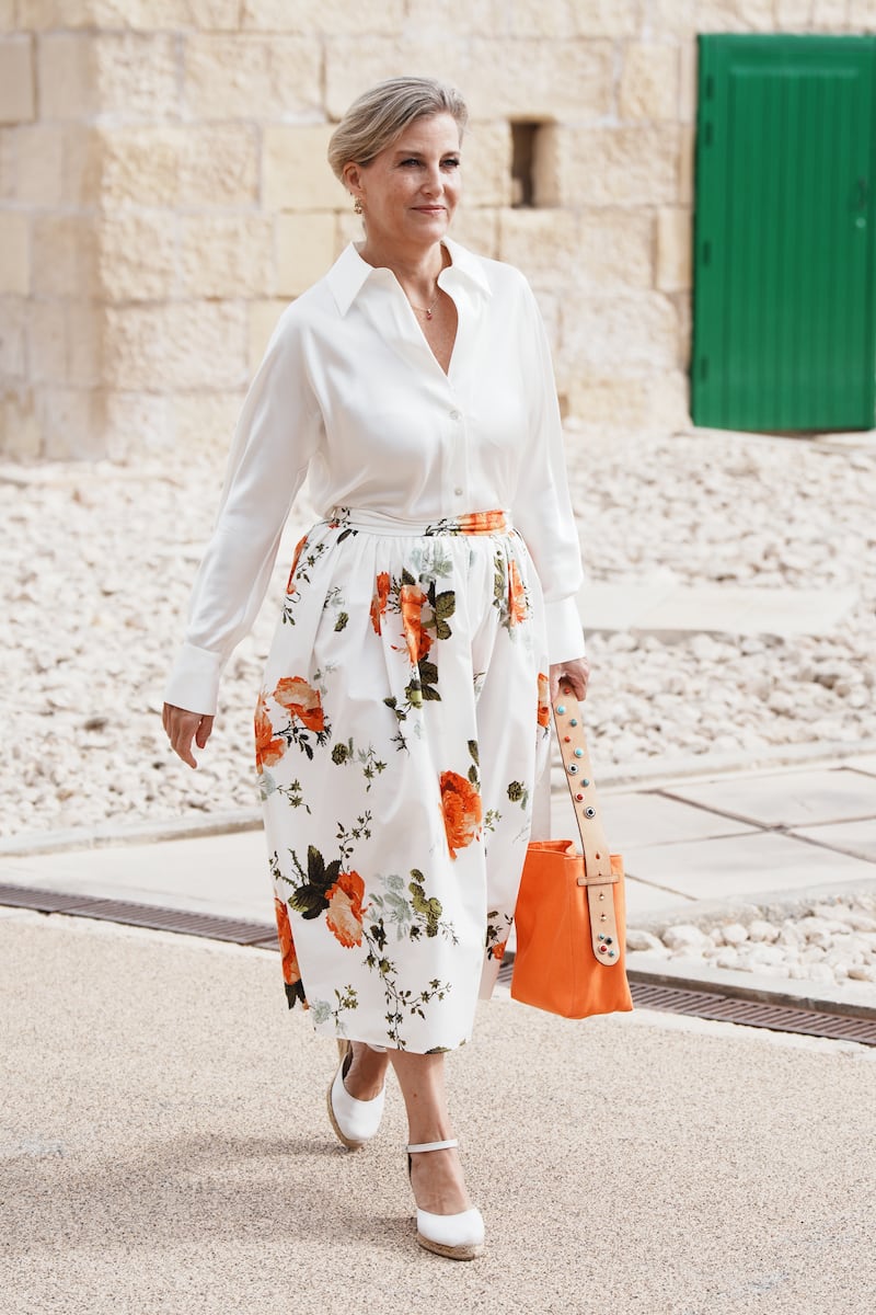 The Duchess of Edinburgh wore florals in energetic orange on an autumn trip to Malta