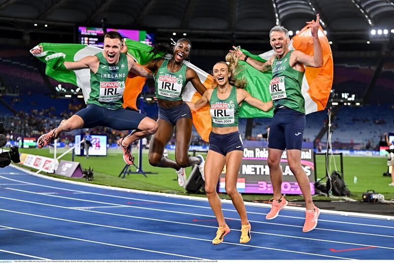 Ireland 4x400m relay team, from left, Chris O'Donnell, Rhasidat Adeleke, Sharlene Mawdsley and Thomas Barr celebrate after winning the Mixed 4x400m Relay final during day one of the 2024 European Athletics Championships at the Stadio Olimpico in Rome, Italy. Photo by Sam Barnes/Sportsfile