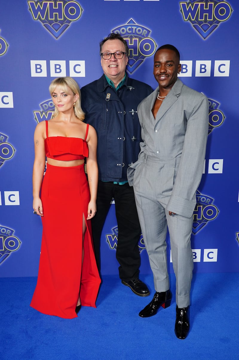 Millie Gibson, Russell T Davies and Ncuti Gatwa arrive for the premiere of Doctor Who at the BFI Southbank in London 2023