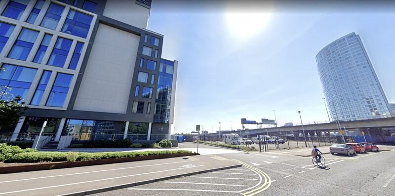 The site earmarked by Belfast Harbour for the City Quays 4 residential scheme next to the M3 Lagan Bridge. Image: Google 