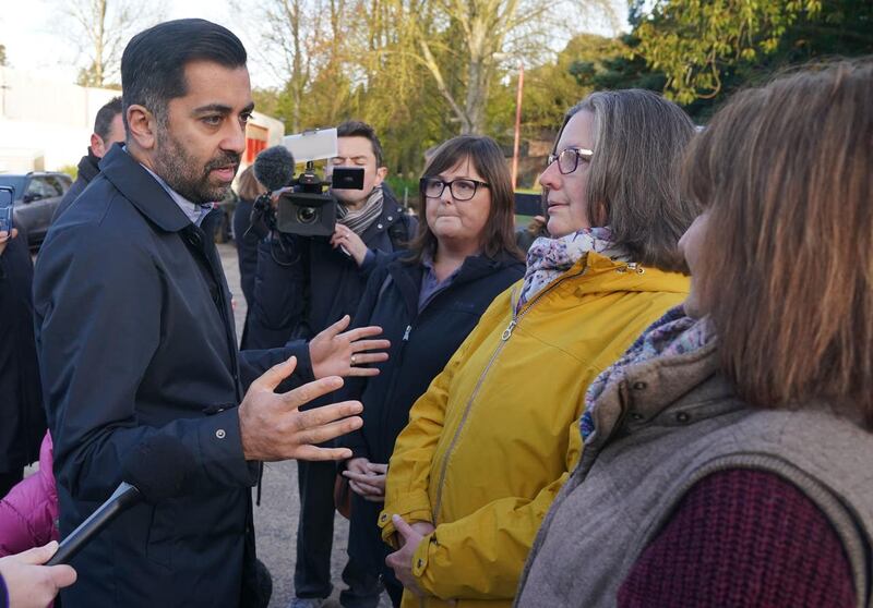 First Minister Humza Yousaf speaking to staff from Matrix International during a visit to Brechin, Scotland. 