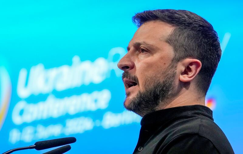 Ukrainian President Volodymyr Zelensky speaks during the opening ceremony of the recovery conference in Berlin, Germany (Ebrahim Noroozi/AP)