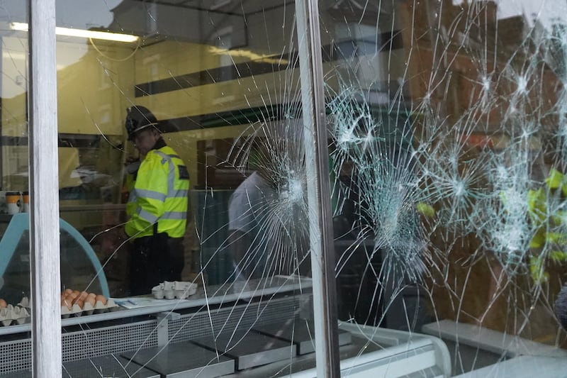 Damage to a butcher’s shop window in Hartlepool following a violent protest